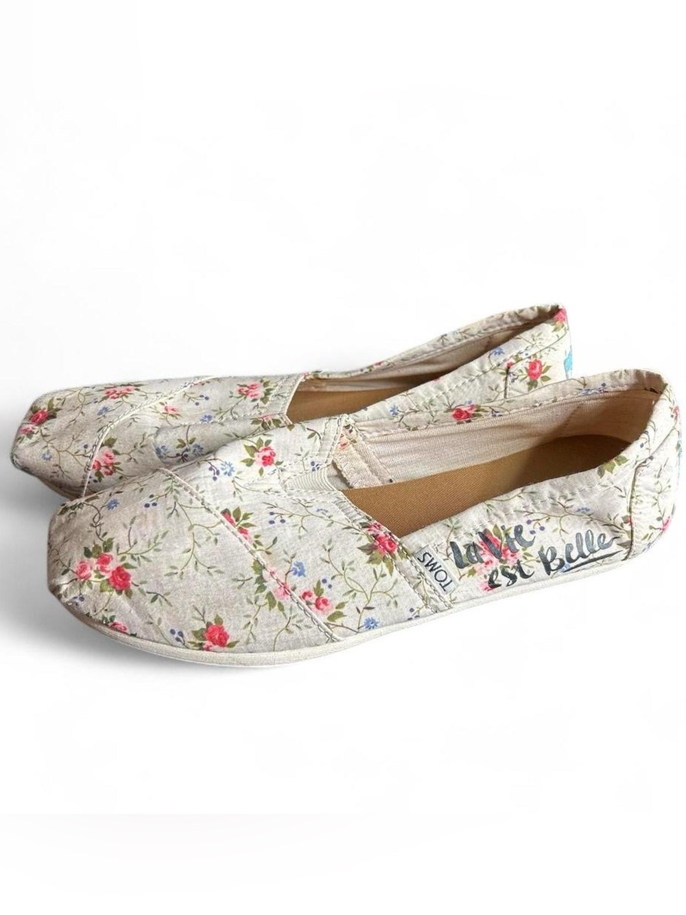 TOMS Life is Beautiful Women's Floral Canvas Slip-On - Cream with Pink Roses